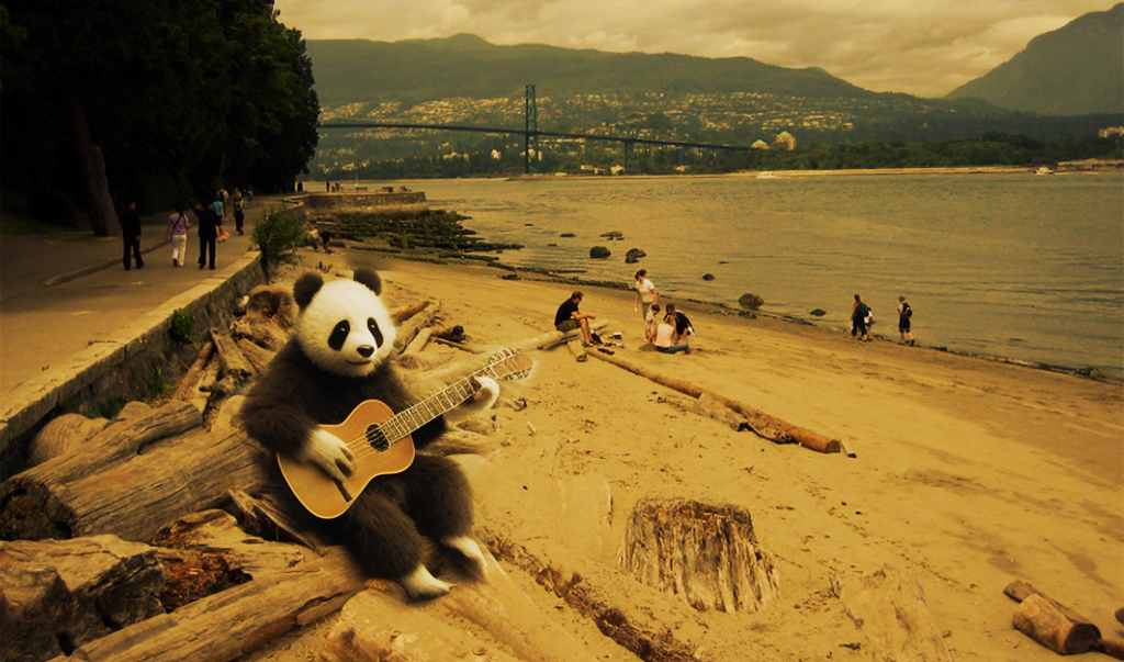panda at Stanley park Vancouver playing a guitar - Panda Pod