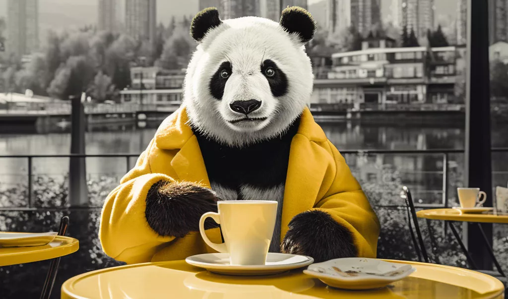 Panda Dining and drinking cofee in Vancouver