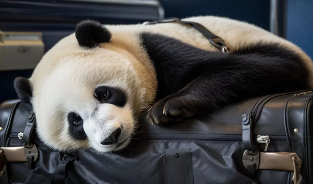 a panda sleeping in a flight delay