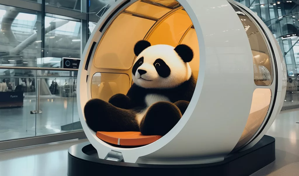 a panda sleeping or napping in a pod in the airport.